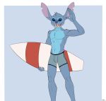  2021 5_fingers alien anthro athletic athletic_anthro athletic_male big_ears biped blue_background blue_body blue_eyes blue_fur blue_nose chest_tuft clothed clothing digital_drawing_(artwork) digital_media_(artwork) disney experiment_(lilo_and_stitch) fingers flat_colors front_view fur gesture hi_res holding_object humanoid_hands jimfoxx lilo_and_stitch looking_at_viewer male navel notched_ear open_mouth open_smile signature simple_background smile solo standing stitch_(lilo_and_stitch) surfboard swimming_trunks swimwear topless topless_male tuft waving 