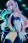  1girl akiyama_enma aqua_eyes arm_up armband belt black_background commentary detached_sleeves headset long_hair looking_at_viewer megurine_luka multiple_belts nail_polish outstretched_leg pink_hair side_slit solo thighhighs very_long_hair vocaloid 