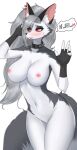  2021 absurd_res anthro blush bodily_fluids canid canid_demon collar countershade_torso countershading demon ear_piercing ear_ring female fur genitals grey_body grey_fur hellhound helluva_boss hi_res looking_at_viewer loona_(vivzmind) mammal navel nipples nude piercing pink_nipples portrait pussy red_sclera simple_background solo spiked_collar spikes sweat sweatdrop swetpot three-quarter_portrait white_background white_body white_fur 