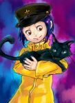  1girl black_headwear blue_hair brown_eyes cat coraline coraline_jones freckles hat jacket kitaguchi nail_polish purple_background short_hair smile yellow_jacket 