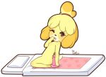  2020 animal_crossing anthro bed breasts canid canine canis chibi dildo domestic_dog female full-length_portrait furniture hi_res isabelle_(animal_crossing) kneeling looking_at_viewer mammal nennachan nintendo nude on_bed one_eye_closed portrait sex_toy shih_tzu side_view small_breasts solo toy_dog video_games yellow_body 