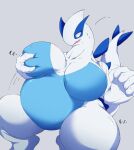  2021 5_fingers anthro anthrofied avian belly big_belly big_breasts blue_body blush breast_squeeze breasts curvy_figure digital_media_(artwork) dragon featureless_crotch female fingers hand_on_breast hi_res holding_breast huge_breasts japanese_text legendary_pok&eacute;mon lugia motion_lines multicolored_body nintendo non-mammal_breasts nude open_mouth overweight overweight_anthro overweight_female plache6 pok&eacute;mon pok&eacute;mon_(species) pok&eacute;morph simple_background solo spiked_tail spikes spikes_(anatomy) text thick_thighs translation_request video_games voluptuous white_background white_body wide_eyed wide_hips 