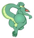  anthro anus backsack balls big_(disambiguation) big_butt bubble_butt butt genitals green_body hi_res kobold male narusewolf nude overweight paws scalie slightly_chubby soft solo surprise thick_thighs wide_hips 