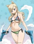  1girl animal_ears bikini bikini_bottom bikini_top blonde_hair blue_eyes blush breasts cat_ears cat_girl eden&#039;s_zero gun highres large_breasts navel rebecca_bluegarden solo steam swimsuit weapon 