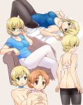  2girls adjusting_eyewear ass back bangs bed_sheet bespectacled black_bow black_legwear blonde_hair blue_choker blue_eyes blue_leotard blue_swimsuit blush bow bra braid breasts choker cleavage closed_mouth clothes_pull commentary couch crossed_legs darjeeling_(girls_und_panzer) dressing_another eyebrows_visible_through_hair girls_und_panzer glasses grey_background hair_bow hands_together interlocked_fingers leaning_back leotard light_frown looking_at_another looking_at_viewer looking_back lying medium_breasts multiple_girls on_back on_bed one-piece_swimsuit open_mouth orange_hair orange_pekoe_(girls_und_panzer) pantyhose pantyhose_pull parted_bangs parted_lips pink_choker rimless_eyewear school_swimsuit short_hair short_sleeves sitting smile standing swimsuit tied_hair twin_braids underwear undressing uona_telepin white_bra white_legwear 