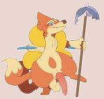  2021 animal_genitalia animal_penis anthro backsash balls blue_eyes blush digital_media_(artwork) floatzel fur genitals hair hi_res looking_at_viewer male mammal melee_weapon nintendo nude penis pok&eacute;mon pok&eacute;mon_(species) polearm simple_background smile solo spear standing teeth video_games weapon 