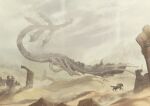  1boy agro battle bow_(weapon) colossus desert english_commentary flying horse orioto phalanx_(shadow_of_the_colossus) riding sand sandstorm shadow_of_the_colossus size_difference wander weapon 