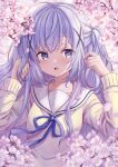  1girl bangs blue_eyes blue_hair blue_ribbon blurry blurry_background blush brown_shirt collarbone commentary depth_of_field eyebrows_visible_through_hair flower gochuumon_wa_usagi_desu_ka? hair_ornament hands_up kafuu_chino long_hair neck_ribbon open_mouth pink_flower revision ribbon sailor_collar sakuraume school_uniform serafuku shirt solo tree_branch two_side_up upper_body very_long_hair white_sailor_collar x_hair_ornament 