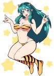  1girl aqua_hair blue_eyes blush boots breasts cleavage fangs fox_shadow_puppet groin highres horns jumping knee_boots long_hair lum medium_breasts navel pointy_ears smile solo starry_background tiger_stripes urusei_yatsura wade white_background 