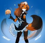  2021 anthro apron black_body black_fur blue_background canid canine cleaning_tool clothed clothing conditional_dnp dress dusting feather_duster female fox fur garter_straps gloves_(marking) hi_res holding_object humming keidran laura_(twokinds) legwear looking_at_viewer looking_back maid_uniform mammal markings multicolored_body multicolored_fur musical_note onomatopoeia rear_view red_body red_fur simple_background smile smirk solo sound_effects stockings tailwag text thigh_highs tom_fischbach twokinds uniform webcomic white_background white_body white_fur 