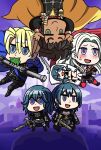  2girls 3boys :d blue_cape blue_eyes box_art byleth_(fire_emblem) byleth_(fire_emblem)_(female) byleth_(fire_emblem)_(male) cape chibi claude_von_riegan dakimakura_(object) dark_skin dark_skinned_male dimitri_alexandre_blaiddyd dual_persona eating edelgard_von_hresvelg fire_emblem fire_emblem:_three_houses green_eyes highres holding holding_sword holding_weapon multiple_boys multiple_girls open_mouth pillow purple_eyes red_cape riyo_(lyomsnpmp)_(style) smile sword sword_of_the_creator upside-down weapon will_(willanator93) yellow_cape 