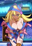  1girl areola_slip areolae bare_shoulders blonde_hair breasts crowd dark_magician_girl green_eyes helmet jcm2 jewelry large_breasts leaning_forward looking_at_viewer necklace open_mouth solo stadium wand yu-gi-oh! 