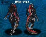  2_toes armor black_body claws digital_media_(artwork) feet fin fingers flamethrower frooby hi_res horn humanoid machine male model_sheet ranged_weapon red_body robot screen screen_face silver_body solo spikes synth synth_(vader-san) synthetic tail_fin text toes weapon 