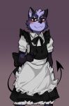  2021 anthro apron blush clothed clothing crossdressing dress girly gun hi_res looking_at_viewer maid_uniform male mammal narrowed_eyes procyonid purple_background raccoon ranged_weapon rygel_(rygel_spkb) rygel_spkb simple_background solo spade_tail standing uniform weapon 