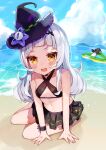 1girl absurdres bangs beach bikini bikini_skirt black_headwear blush bracelet breasts cloud collarbone day flat_chest hairband hat highres hololive jewelry long_hair looking_at_viewer midriff murasaki_shion nail_polish navel noi_mine ocean open_mouth outdoors shore short_eyebrows silver_hair sitting sky small_breasts smile solo swimsuit swimwear tilted_headwear upper_teeth virtual_youtuber water witch_hat yellow_eyes 