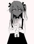  1girl bandages bangs boko_(girls_und_panzer) bow bowtie casual closed_mouth collared_shirt disgust frown girls_und_panzer glaring greyscale hair_ribbon halftone high-waist_skirt highres holding holding_stuffed_toy long_hair long_sleeves looking_at_viewer monochrome one_side_up ribbon ruruepa shimada_arisu shirt skirt solo standing stuffed_animal stuffed_toy suspender_skirt suspenders teddy_bear 