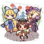  3girls :3 alternate_eye_color animal_ear_fluff animal_ears bamboo bangs bare_legs bare_shoulders bell black_shorts blonde_hair blue_dress blue_eyes blush bow braid breasts brick_road cat_ears cat_tail chen chibi china_dress chinese_clothes cloud dress ear_covers elbow_gloves eyebrows_visible_through_hair eyeshadow fan fishnet_gloves fishnet_legwear fishnets folding_fan fox_ears fox_tail garter_straps gloves green_headwear hat holding holding_fan ibaraki_natou jingle_bell lantern leg_up legs long_hair long_sleeves looking_at_viewer makeup mob_cap mountainous_horizon multiple_girls multiple_tails one_eye_closed open_mouth pagoda paper_lantern parted_lips pink_bow pink_ribbon purple_eyes purple_headwear red_eyes ribbon short_hair short_sleeves shorts side_slit sleeves_past_fingers sleeves_past_wrists smile standing standing_on_one_leg tail thighhighs touhou twitter_username two-tone_shirt two_tails walking wide_sleeves yakumo_ran yakumo_yukari 