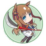  1girl animal_ears bangs black_legwear blue_eyes blue_jacket blush boots bow brown_footwear brown_hair character_name chibi closed_mouth commentary_request dated dress ear_bow eyebrows_visible_through_hair grass_wonder_(umamusume) green_background holding holding_polearm holding_weapon horse_ears horse_girl horse_tail jacket long_hair long_sleeves looking_at_viewer naginata pantyhose polearm shirasu_youichi sleeves_past_wrists solo standing striped striped_bow tail twitter_username two-tone_background umamusume very_long_hair weapon white_background white_bow white_dress 