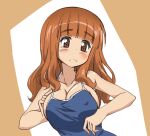  1girl bangs blue_swimsuit blunt_bangs blush breast_squeeze breasts cleavage closed_mouth commentary covered_nipples eyebrows_visible_through_hair frown girls_und_panzer kumagapaniti large_breasts long_hair looking_at_viewer one-piece_swimsuit orange_eyes orange_hair school_swimsuit solo swimsuit takebe_saori tearing_up upper_body 