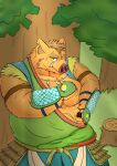  2021 absurd_res anthro bananapandx brown_body brown_fur clothed clothing fur hi_res humanoid_hands kemono male mammal outside overweight overweight_male plant scar solo suid suina sus_(pig) tree wild_boar 