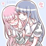  2girls arm_around_back artist_name blue_hair blush closed_eyes heart implied_fingering long_hair magia_record:_mahou_shoujo_madoka_magica_gaiden mahou_shoujo_madoka_magica multiple_girls nanami_yachiyo pink_hair school_uniform smile spoken_heart studiozombie tamaki_iroha yuri 