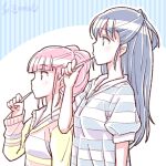  2girls blue_hair braid brushing_teeth half_updo long_hair magia_record:_mahou_shoujo_madoka_magica_gaiden mahou_shoujo_madoka_magica multiple_girls nanami_yachiyo pink_hair profile striped studiozombie tamaki_iroha yuri 