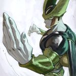  1boy cell_(dragon_ball) closed_mouth colored_sclera colored_skin commentary dragon_ball dragon_ball_z fighting_stance garrett_hanna grey_background grey_eyes grey_nails grey_skin hands_up looking_to_the_side male_focus perfect_cell shiny smile solo yellow_sclera 