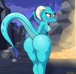  anthro big_butt blue_body blue_scales breasts butt dragon embarrassed female friendship_is_magic hasbro hi_res infrayellow my_little_pony princess_ember_(mlp) red_eyes scales scalie solo wings 
