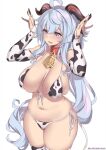  1girl ahoge animal_print arms_up bangs bare_shoulders bell bikini blue_hair breasts collarbone covered_nipples cow_print cowbell foreshortening front-tie_bikini front-tie_top ganyu_(genshin_impact) genshin_impact goat_horns highres horns kanachirou long_hair looking_to_the_side navel open_mouth plump side-tie_bikini simple_background skindentation solo string_bikini swimsuit thick_thighs thighhighs thighs twitter_username very_long_hair 