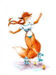  5_fingers anthro blue_clothing blue_underwear braided_hair braided_pigtails canid canine clothing cones crossed_legs elkir eyes_closed female fingers fluffy fluffy_tail fox fur hair hi_res mammal orange_body orange_fur painting_(artwork) patty_foxy pigtails red_hair rollerskates shirt silly simple_background solo tongue tongue_out topwear traditional_media_(artwork) underwear watercolor_(artwork) white_background white_body white_clothing white_fur white_shirt white_topwear 
