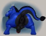  anthro anus balls big_balls big_butt big_penis blue_body blue_scales bodily_fluids body_hair butt butt_hair dagapuff dragon genitals hi_res horn male markus_mccraig_(scales) overweight penis presenting presenting_hindquarters scales smile solo sweat 