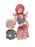  1boy 1girl :d backpack bag blue_camisole camisole closed_eyes cropped_legs diamond_wa_kudakenai gakuran green_gakuran grey_hair hair_bobbles hair_ornament hand_on_another&#039;s_head height_difference highres hirose_koichi hirose_yasuho jojo_no_kimyou_na_bouken jojolion namesake norue open_mouth pink_hair school_uniform simple_background skirt smile white_background 