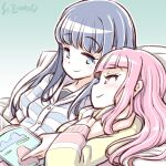  2girls artist_name bed blue_hair blush book holding holding_book long_hair lying mahou_shoujo_madoka_magica multiple_girls nanami_yachiyo on_back on_bed pink_hair smile studiozombie tamaki_iroha yuri 