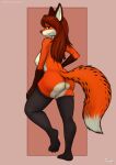  2021 anthro breasts butt canid canine clothing dipstick_tail female fox foxovh fur hair hi_res legwear legwear_only long_hair looking_at_viewer mammal mostly_nude multicolored_tail orange_body orange_fur red_hair simple_background smile solo stockings 