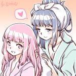  2girls artist_name bathrobe blue_hair blush drying drying_hair heart long_hair magia_record:_mahou_shoujo_madoka_magica_gaiden mahou_shoujo_madoka_magica multiple_girls nanami_yachiyo pink_hair spoken_heart studiozombie tamaki_iroha towel towel_on_head yuri 