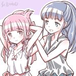  alternate_hairstyle blue_hair blush hair_ribbon hair_up hairdressing long_hair magia_record:_mahou_shoujo_madoka_magica_gaiden mahou_shoujo_madoka_magica nanami_yachiyo pink_hair ponytail ribbon smile studiozombie tamaki_iroha tying_hair yuri 