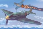  1boy aircraft airplane battle bf_109 cloud commentary_request damaged earasensha fire iron_cross male_focus mig-3 military mountain number original propeller red_star russian_text sky world_war_ii 