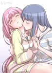  2girls arm_around_back artist_name blue_hair blush closed_eyes holding_hands licking long_hair magia_record:_mahou_shoujo_madoka_magica_gaiden mahou_shoujo_madoka_magica multiple_girls nanami_yachiyo neck_licking open_mouth pink_hair studiozombie tamaki_iroha yuri 