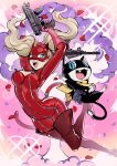  1boy 1girl animal_ears blazemalefica blue_eyes boots breasts cat_ears cat_mask cat_tail cleavage explosion fang highres jumping looking_at_viewer mask morgana_(persona_5) open_mouth persona persona_5 petals red_footwear rose_petals scarf slit_pupils smile tail takamaki_anne thigh_boots thighhighs twintails zipper zipper_pull_tab 