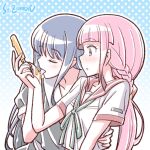  2girls artist_name blue_hair blush braid closed_eyes food hand_on_another&#039;s_waist licking long_hair low_ponytail magia_record:_mahou_shoujo_madoka_magica_gaiden mahou_shoujo_madoka_magica multiple_girls nanami_yachiyo pink_hair popsicle studiozombie tamaki_iroha yuri 