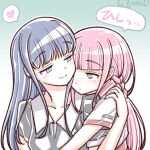  2girls blue_hair blush braid heart hug hug_from_behind long_hair magia_record:_mahou_shoujo_madoka_magica_gaiden mahou_shoujo_madoka_magica multiple_girls nanami_yachiyo pink_hair smile spoken_heart studiozombie tamaki_iroha yuri 