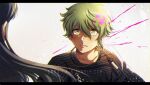  1boy amami_rantarou blood blush commentary_request criis-chan danganronpa_(series) danganronpa_v3:_killing_harmony ear_piercing earrings green_eyes green_hair horizontal_stripes jewelry letterboxed long_hair looking_at_another male_focus messy_hair necklace parted_lips piercing pink_blood shiny shiny_hair shirogane_tsumugi shirt solo_focus striped striped_shirt symbol_commentary teeth tumblr_username upper_body 