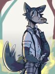  2021 anthro beastars bottomwear canid canine canis clothed clothing dress_shirt frown hi_res legoshi_(beastars) looking_aside male mammal necktie pants scraffyraccoon shirt side_view simple_background solo standing suspenders topwear wolf 