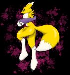  abstract_background anthro arm_warmers armwear biped black_background brisket_tuft butt chest_tuft claws clothing digimon digimon_(species) digitigrade fluffy fluffy_tail fur hi_res kanahu looking_at_viewer looking_back narrowed_eyes paws renamon simple_background solo thick_thighs tuft yellow_body yellow_fur 