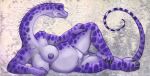  2021 anthro breasts caribou_(artist) chubby_anthro chubby_female claws dinosaur female genitals giraffatitan long_neck nipples non-mammal_breasts nude purple_body purple_scales pussy reptile scales scalie smile solo 