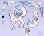  avey_(avey_aveon) black_nose blue_body blue_eyes blue_fur canid canine dipstick_tail english_text feathered_wings feathers female feral folded_wings fox fur inner_ear_fluff mammal model_sheet multicolored_body multicolored_fur multicolored_tail muskydusky pawpads solo spread_wings text tuft white_body white_fur wings 