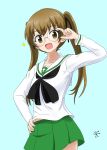  1girl :d adjusting_eyewear aqua_background artist_logo bangs black_neckwear black_ribbon blouse brown_eyes brown_hair commentary_request cowboy_shot eyebrows_visible_through_hair girls_und_panzer glasses green_skirt hair_ribbon hand_on_hip highres horagai_(horagai222) long_hair long_sleeves looking_at_viewer miniskirt neckerchief ooarai_school_uniform oono_aya open_mouth partial_commentary pleated_skirt ribbon rimless_eyewear round_eyewear sailor_collar school_uniform serafuku simple_background skirt smile solo sparkle standing twintails white_blouse white_sailor_collar 