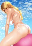  1girl ass ball bare_back bare_legs bare_shoulders bikini blonde_hair blue_sky breasts brown_hair cowboy_shot exercise_ball gradient_hair highres idolmaster idolmaster_shiny_colors island_lagoon izumi_mei large_breasts looking_at_viewer looking_back multicolored_hair shiny shiny_hair shiny_skin side-tie_bikini sitting_on_ball sky solo swimsuit tan thighs underboob wardrobe_malfunction white_bikini 