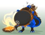  anthro axe belly big_belly blue_body blue_scales dragon horn hyper hyper_belly inflation male markus_mccraig_(scales) melee_weapon pentagram scales snitch_(artist) solo surprised_expression weapon weight_gain 
