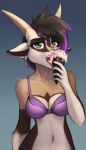  2021 antelope anthro askart bovid breasts clothed clothing dessert digital_media_(artwork) ear_piercing ear_ring eyelashes female food gradient_background grazing_antelope green_eyes hair hi_res holding_food holding_object horn ice_cream licking mammal multicolored_hair navel olivia_(kadath) open_mouth oryx piercing short_hair simple_background solo tongue tongue_out two_tone_hair 